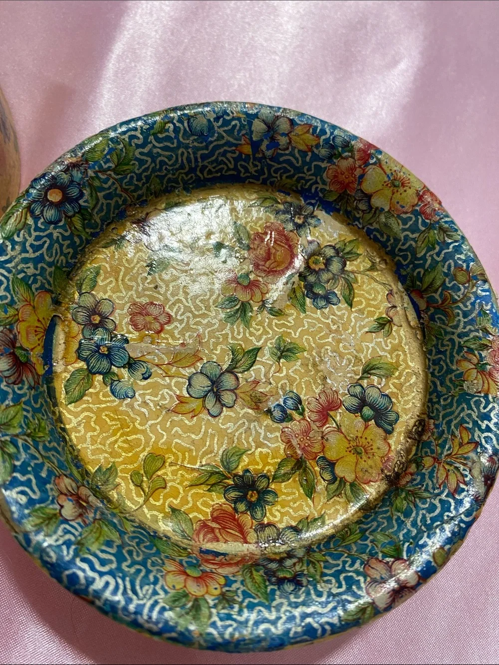 Hand-Painted Floral Round Box with Matching Coasters - Yellow Multicolor